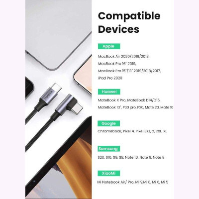 Ugreen UG70643US334TK 1M 100w bẻ 90 độ cáp USB 2 đầu type C màu đen góc vuông bọc nhôm dây dù chống nhiễu - HÀNG CHÍNH HÃNG