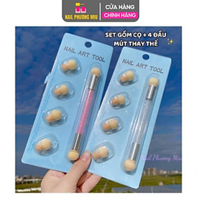 Cọ Dặm Ombre 2 Đầu Cán Đá, Bộ 4 Đầu Mút, Tạo Hiệu Ứng Ombre, Làm Nail Độc Đáo, Trang Trí Móng Sang Trọng Nail Phương Miu Nữ