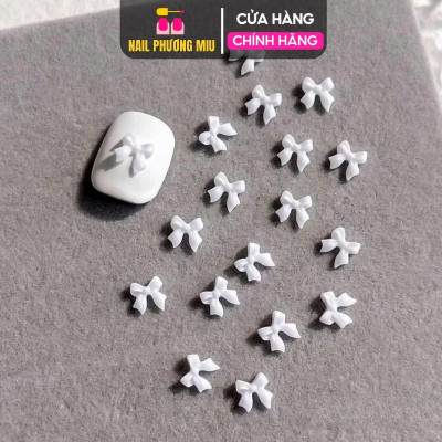 Set Charm Nơ Trắng Nhựa Hàng Đẹp Gắn Móng Làm Nail Phương Miu Kiểu Hàn Quốc Đế Bằng Dễ Đính Nữ Women