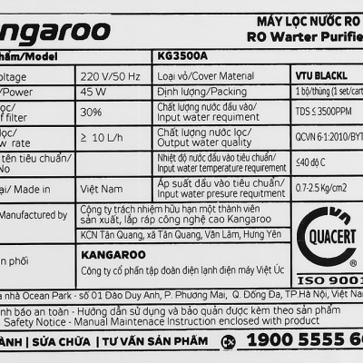MÁY LỌC NƯỚC RO KANGAROO KG3500AVTU 8 LÍT , 10 LÕI - HÀNG CHÍNH HÃNG ( CHỈ GIAO HCM)