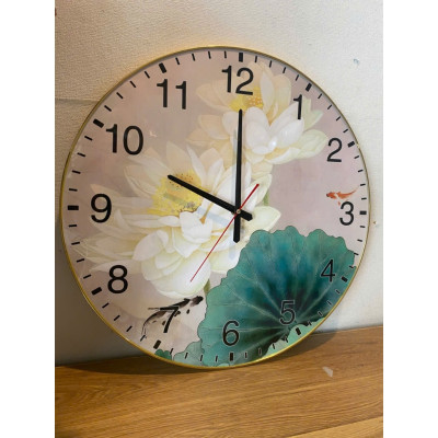 (CÓ ẢNH THẬT)Tranh đồng hồ tròn hoa sen trắng bo viền vàng mặt mica sáng bóng kèm pin và đinh treo