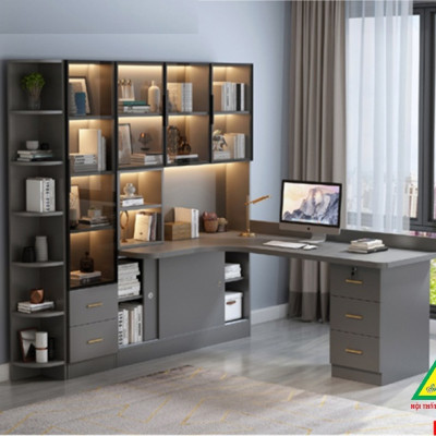 BÀN HỌC – BÀN LÀM VIỆC LIỀN KỆ GỖ MDF TỦ CÁNH KÍNH CÓ ĐÈN LED BLV401 - NỘI THẤT LẮP RÁP VIENDONGADV