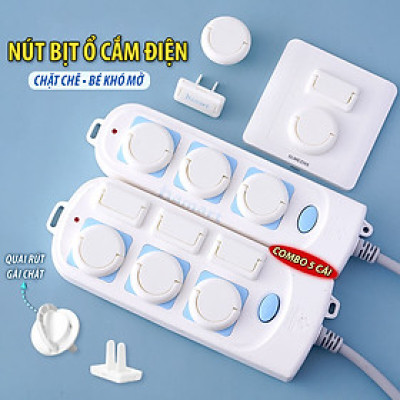 COMBO 5 Nút Bịt Ổ Điện Chống Giật An Toàn Cho Bé Có Quai Rút Đầu Nắp Che Bảo Vệ Ổ Cắm Tiện Lợi