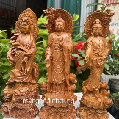 Combo 3 tượng phật adiđa và 2 phật quan âm bồ tát bằng gỗ bách xanh thơm nức kt cao 30x10x9cm 