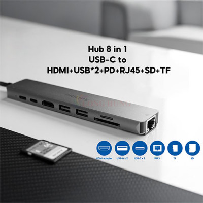Cổng chuyển đổi Philips 8-in-1 Multifunction Adapter USB-C Hub SWV6118G/71 - Hàng chính hãng