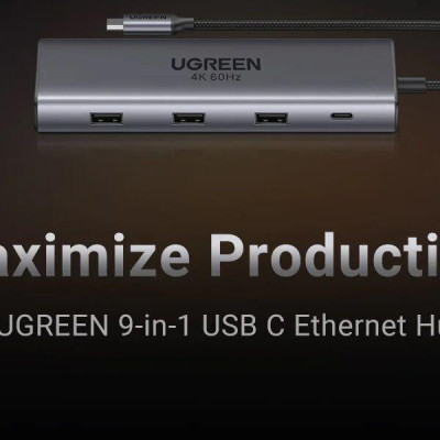 Ugreen UG15532CM498TK USB type C sang 1 x HDMI 4K60hz + 1 x USB-C 3.2 + USB-A 3.2 10Gbps + 1 x RJ45 1Gbps + TF + SD + 2 x USB 3.0 + 1 x USB-C PD 100W Bộ chuyển 9in1 - HÀNG CHÍNH HÃNG