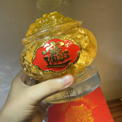 Bát Tụ Bảo vàng lá Thần Tài đế thủy tinh 12cm phong thủy - sung túc chiêu Tài đón Lộc