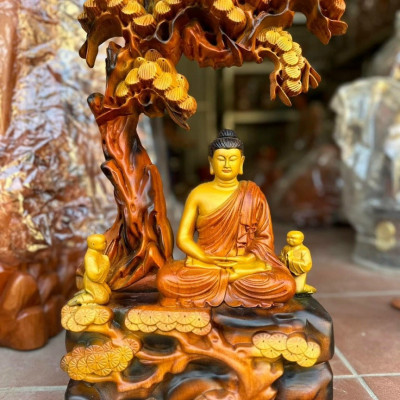 Tượng phật thich ca ngồi gốc cây bồ đề bằng gỗ hương đá pu giả cổ kt 50×26×12cm