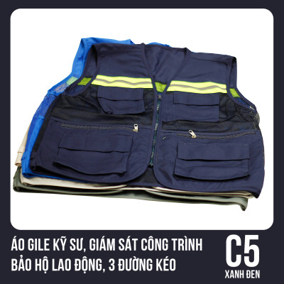 Áo Gile Kỹ Sư, Giám Sát Công Trình, Bảo Hộ Lao Động, 3 Đường Kéo - Mã C5 (Xanh Đen)