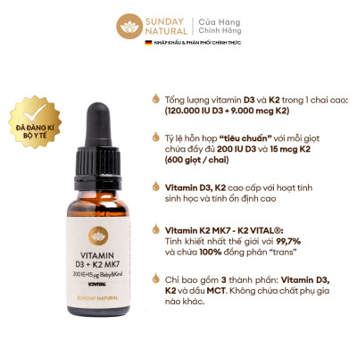 Vitamin D3 + K2 MK7 Đức Sunday Natural chai 20ml
