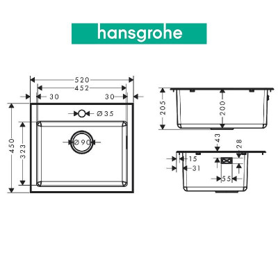 Chậu bếp đơn HANSGROHE Deep Drawn Sink S431-F400 43353