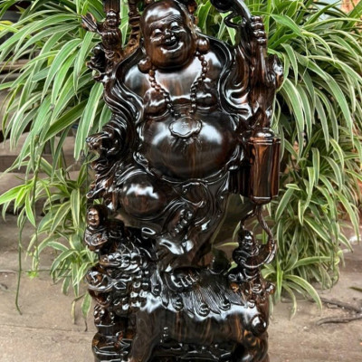 Tượng phật di lặc ngũ phúc bằng gỗ mun hoa cao 60x24x14cm 