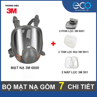 Mặt nạ phòng độc 3M 6800 với phin lọc 6001, 6003, 6006 kết hợp tấm lọc bụi 5N11 cùng nắp giữ 501 - Bộ mặt nạ chống độc 7 món lọc hơi hữu cơ xăng dầu phun sơn, chống độc, lọc bụi siêu mịn, vô cơ, hữu cơ