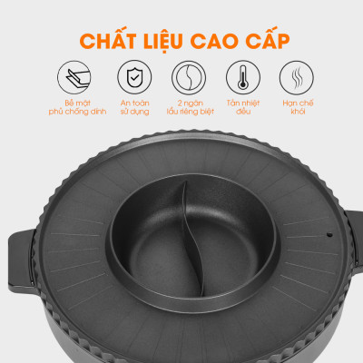 Nồi lẩu điện 2 ngăn Lebenlang LBTT5288, bếp lẩu nướng 2in1 đa năng tròn loại to,công suất 1800W tiện lợi cho gia đình - hàng chính hãng