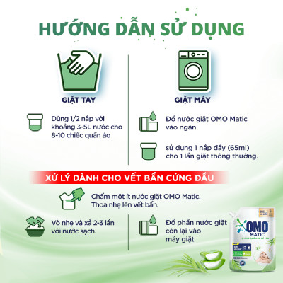 Túi Nước Giặt Omo Matic Cho Quần Áo Bé Yêu Chiết Xuất Tràm Trà Và Nha Đam Dịu Nhẹ, Sạch Khuẩn 3.6kg