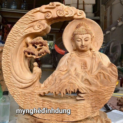 Tượng nhất tâm bái phật bằng gỗ ngọc am thơm nức pu giả cổ kt 40x40x6cm 