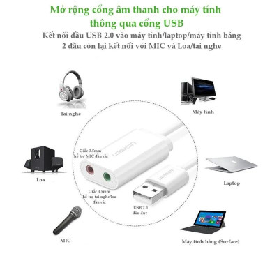 Ugreen UG30143US205TK 15CM màu Trắng Bộ chuyển USB 2.0 sang Loa + MIC chuẩn 3.5mm - HÀNG CHÍNH HÃNG