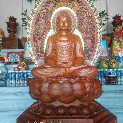 Tượng phật thích ca bằng gỗ hương đá kt cao 60×36×36cm +lá chắn hào quang cao tổng 81cm 