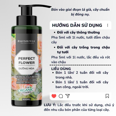 Phân bón DƯỠNG HOA MONROVIA hữu cơ giúp hoa to dậm màu cho hoa hồng, hoa lan, dung tích 500ml