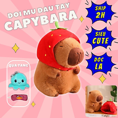 Thú nhồi bông capybara đội mũ dâu tây đáng yêu - Size từ 35cm đến 85cm - Quà tặng gấu bông capybara mang balô dâu tây trên lưng - Gối ôm chuột lang dễ thương cho bé.