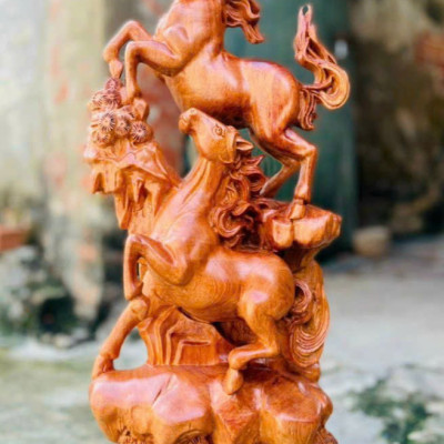 Tượng song mã uyên ương gỗ hương đá kt 60×29×15cm 