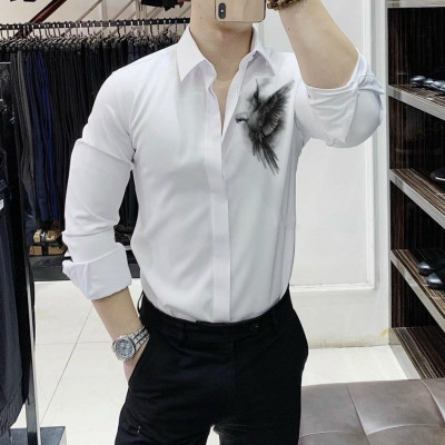 Áo sơ mi nam tay dài trắng họa tiết chim