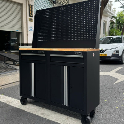 Bộ 2 Tủ dụng cụ CSPS 122cm màu đen mặt ván gỗ kèm vách lưới - 02 hộc kéo (tay cầm trắng)