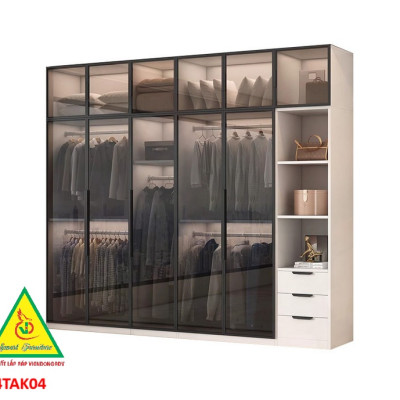 Tủ quần áo gỗ MDF cánh kính cường lực khung nhôm 4TAK04 - Nội thất lắp ráp Viendong Adv