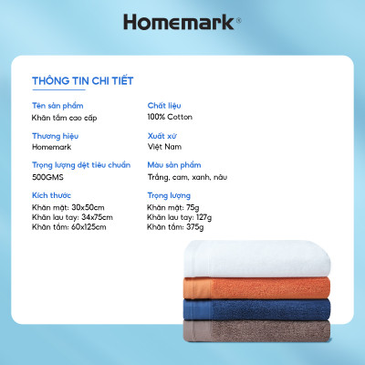 khăn tắm, khăn tay, khăn mặt sang trọng 100% cotton hữu cơ Homemark 500GSM mềm mại và khả năng thấm hút cao, nhanh khô
