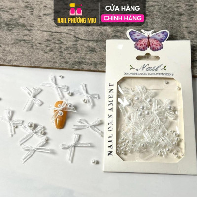 Set Charm Nơ Vải Lụa Mix Ngọc Trai Trang Trí Móng Độc Lạ, Làm Nail Sành Điệu Sang Chảnh Cho Nàng Nữ Women