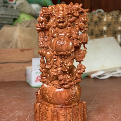 TƯỢNG PHẬT DI LẶC NGŨ PHÚC BẰNG GỖ HƯƠNG ĐÁ KT 60×25×15CM