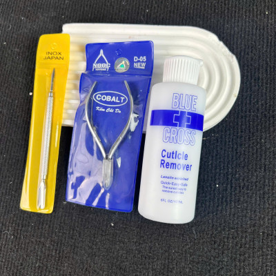 Combo Nhặt Da 3 Món Nhanh Gọn Mềm Da Blue Cross 177ml, Kìm NGỌC Cắt Da Siêu Bén Và Cây Đẩy Da Sủi Da INOX Lấy Khóe Kết Hợp Làm Nail Nữ Women