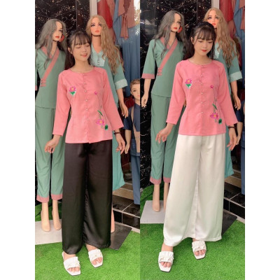 Đồ lam đi chùa #Bộ bà ba thêu sen chất lụa cao cấp