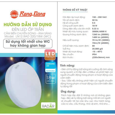 Đèn LED ốp trần tròn cảm biến chuyển động có tích hợp cảm biến ánh sáng dùng cho WC LN12 220 18W WC