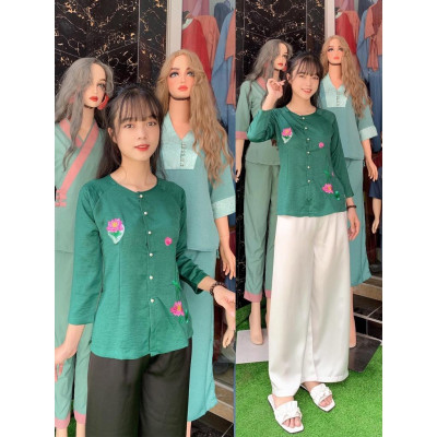 Đồ lam đi chùa #Bộ bà ba thêu sen chất lụa cao cấp