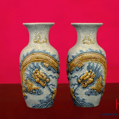 Lọ Lộc Bình Men Rạn Đắp Nổi Chiều Cao 35cm