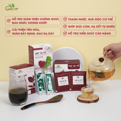 Combo Khớp linh hoạt (1 hộp Trà tía tô túi lọc 40g, 1 hộp Bôt tía tô 72g, 1 hộp Bột lá mơ 60g)