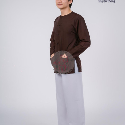 Bộ áo bà ba nam phối áo cate nâu+ Quần cate trắng - Có bộ bà ba Bigsize