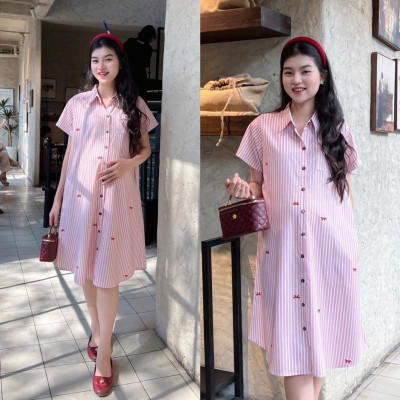 Đầm Bầu Form Dáng Sơ Mi Sọc Xinh Chất Cotton Lụa Mềm Mát, Váy Bầu Cá Tính Size M L