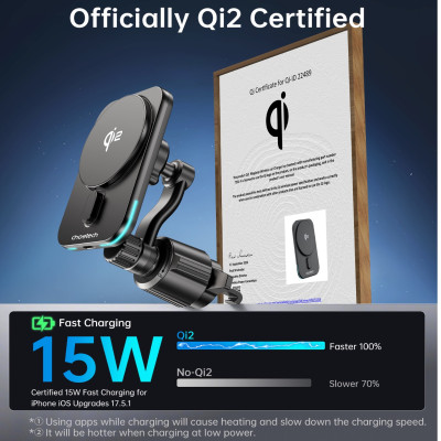 Giá đỡ sạc không dây trên ô tô Choetech T231 công suất 15w chuẩn Qi2 xoay 360 độ có tản nhiệt (Hàng chính hãng)