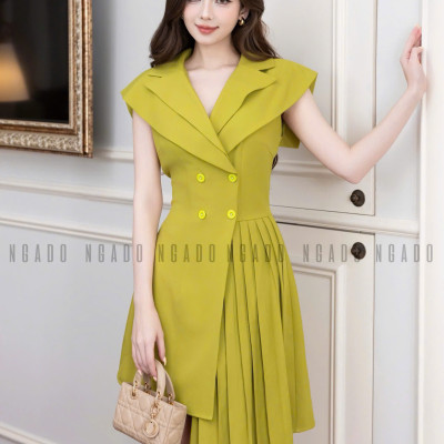 Đầm xanh bơ xếp ly NGADO , đầm nữ , đầm công sở , dự tiệc