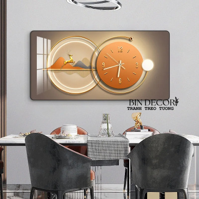 (HCM) Tranh đồng hồ tráng gương hươu vàng tài lộc 1 trang trí phòng khách, làm quà tân gia