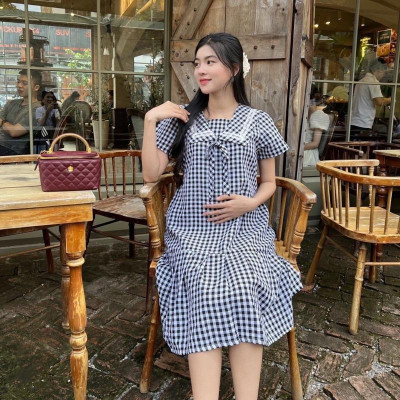 Đầm bầu đuôi cá cổ thuỷ thủ phối viền ren chất Cotton Hàn Váy bầu năng động