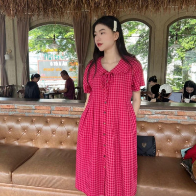 Đầm bầu karo cổ bèo thắt nơ dáng suông dễ thương, trẻ trung, năng động Nữ Women