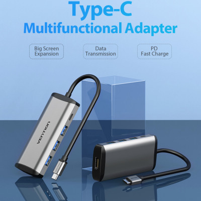 HUB chuyển đổi USB Type-C 5 in 1 Vention - HDMI + USB 3.0*3 + PD ( 87W) - Hàng chính hãng