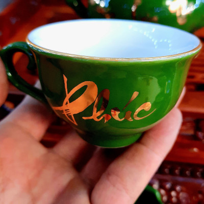 Bộ ấm chén Bát Tràng phú quý men xanh lục ngọc bảo họa tiết Phúc - Lộc - Thọ vẽ vàng 24k 