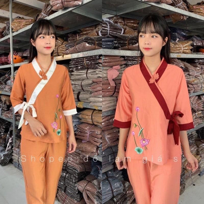 Đồ Lam Đi Chùa Xéo Nơ Hoa Cúc 1 Nút Thắt