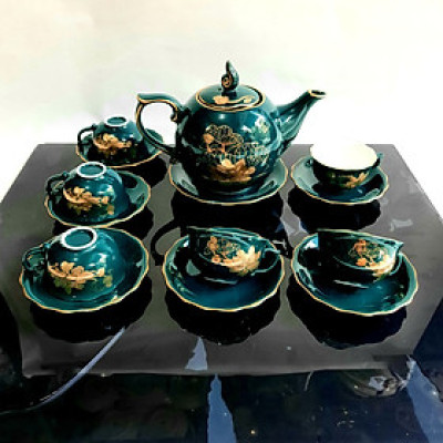 Bộ ấm chén Bát Tràng cao cấp phú quý Mallard màu xanh Arctic họa tiết hoa sen vẽ vàng 24k