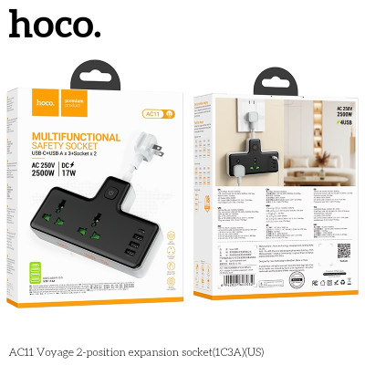 Ổ cắm điện đa năng sạc nhanh PD 17W có 1 cổng typeC + 3 cổng USB và có 2 lỗ cắm tải 2500W AC11 - Chính hãng