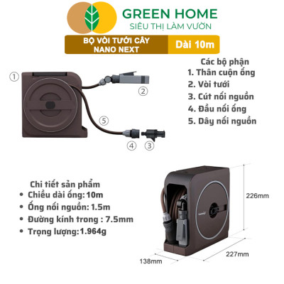 Bộ ống tưới cây Takagi Nano Next GreenHome, Dài 10m, Thiết Kế W-Reel Độc Quyền, Vòi Phun 4 Chế Độ, Gọn Nhẹ